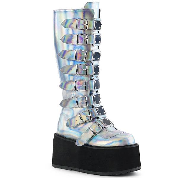 Demonia Women's Damned-318 Knee High Platform Boots - Silver Hologram Vegan Leather D3901-56US Clearance